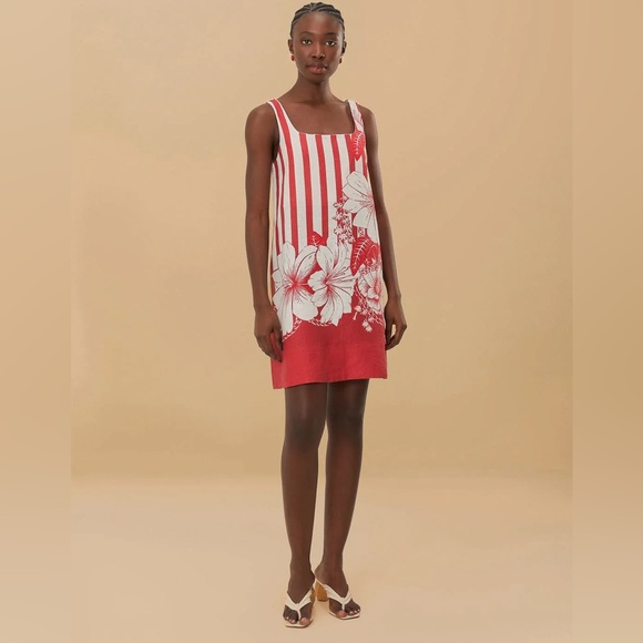 Farm Rio Red Floral Stripe Linen Mini Mini Dress Medium Pockets Botanical Boho - Picture 2 of 13